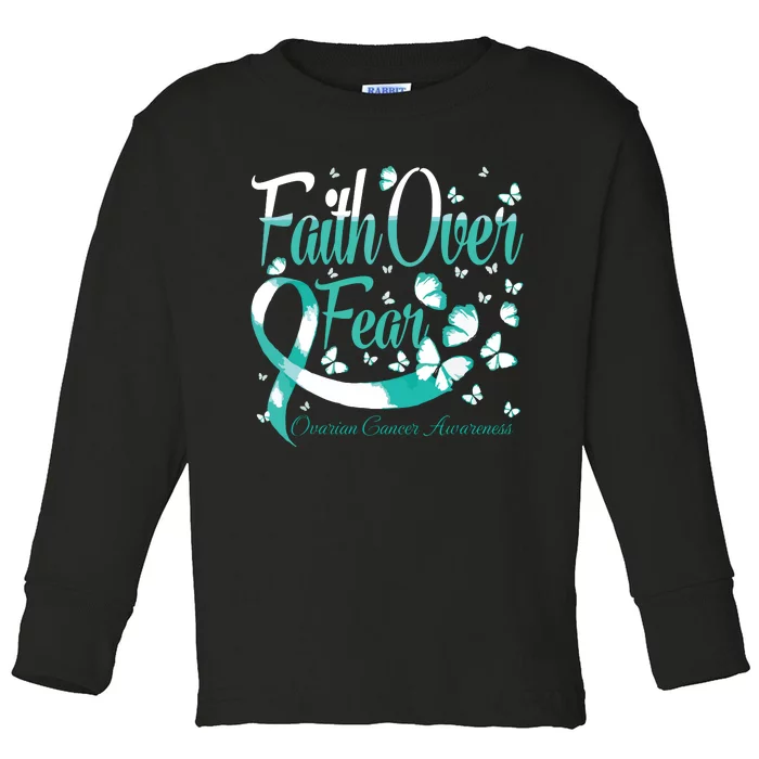 Faith Over Fear Ovarian Cancer Awareness Butterfly Toddler Long Sleeve Shirt