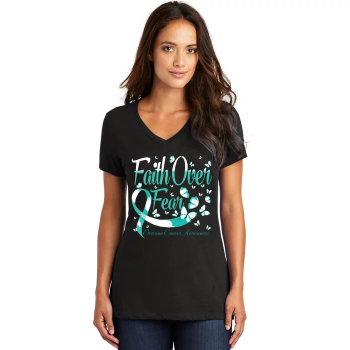 Faith Over Fear Ovarian Cancer Awareness Butterfly Women's V-Neck T-Shirt