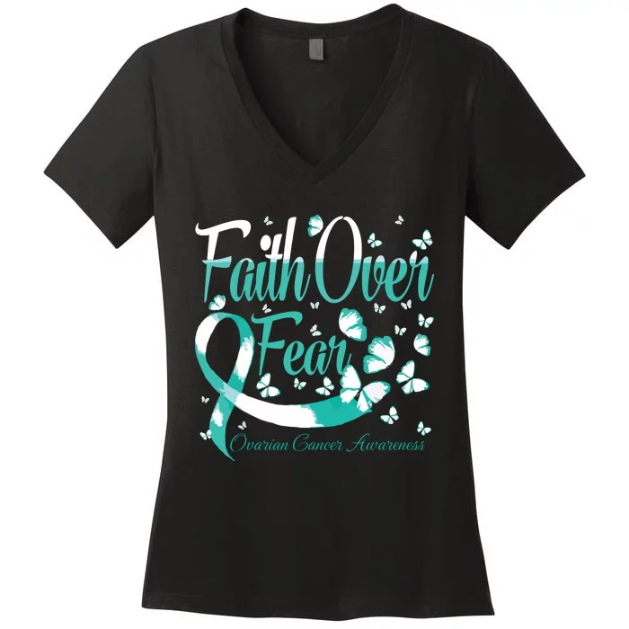 Faith Over Fear Ovarian Cancer Awareness Butterfly Women's V-Neck T-Shirt