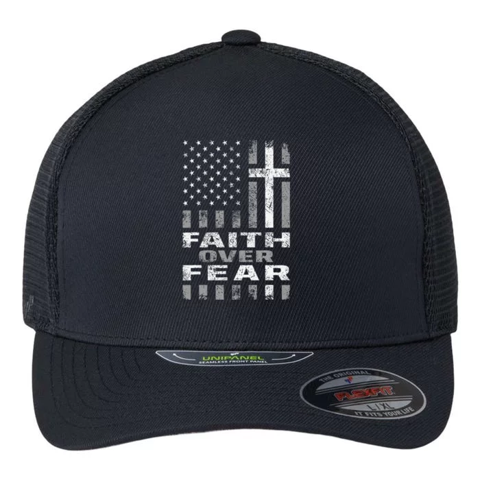 Faith Over Fear Christ Christian Cross Us Usa American Flag Flexfit Unipanel Trucker Cap