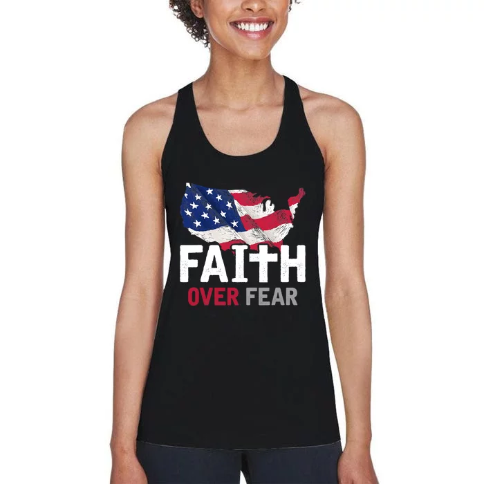 Faith Over Fear Patriotic Christian USA Flag Lord Jesus Women's Racerback Tank