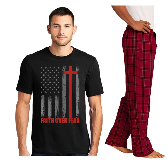 Faith Over Fear Shirt Men, 4th Of July American Flag Cross Pajama Set