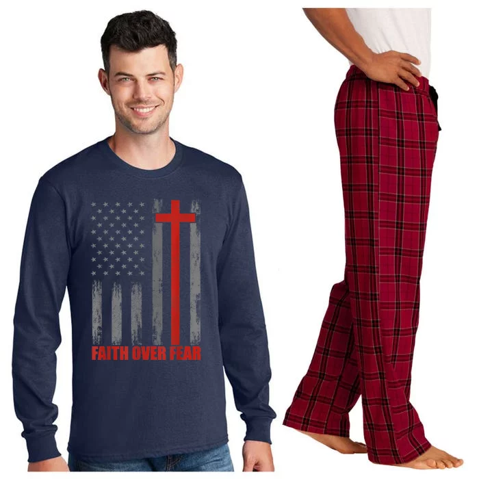 Faith Over Fear Shirt Men, 4th Of July American Flag Cross Long Sleeve Pajama Set