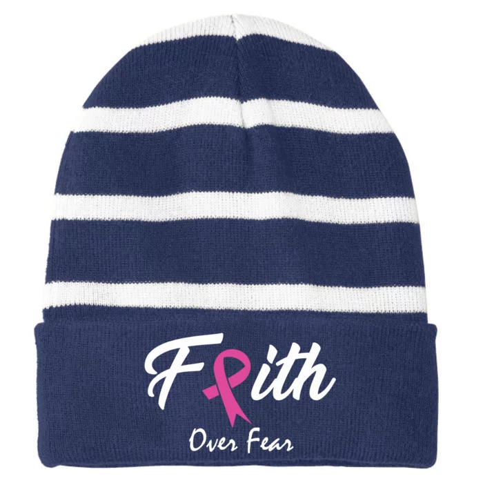 Faith Over Fear Breast Cancer Ribbon Striped Beanie with Solid Band