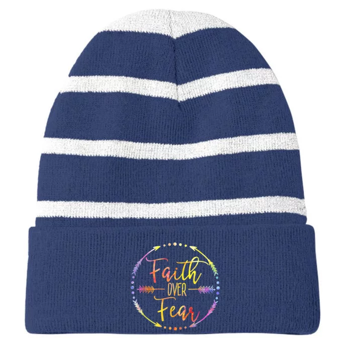 Faith Over Fear Arrow Cute Lettering Inspirational Christian Striped Beanie with Solid Band