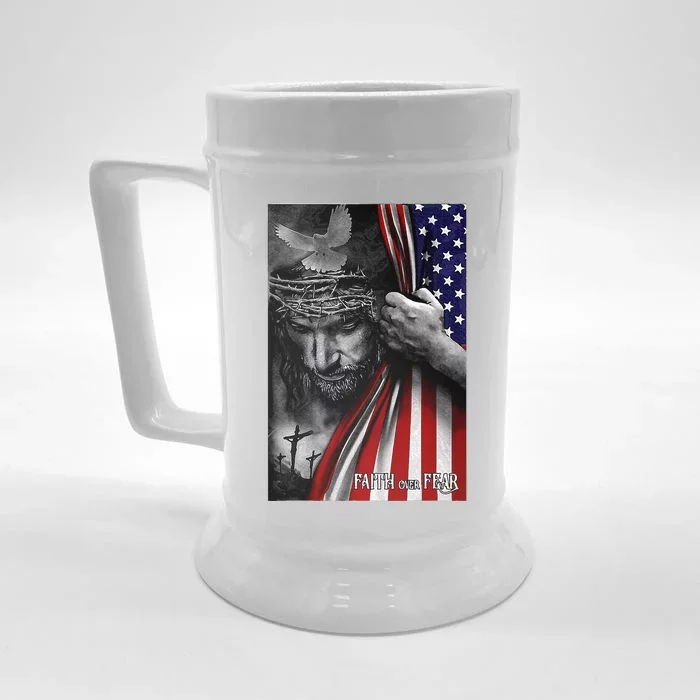 Faith Over Fear God Jesus Christian Flag Front & Back Beer Stein