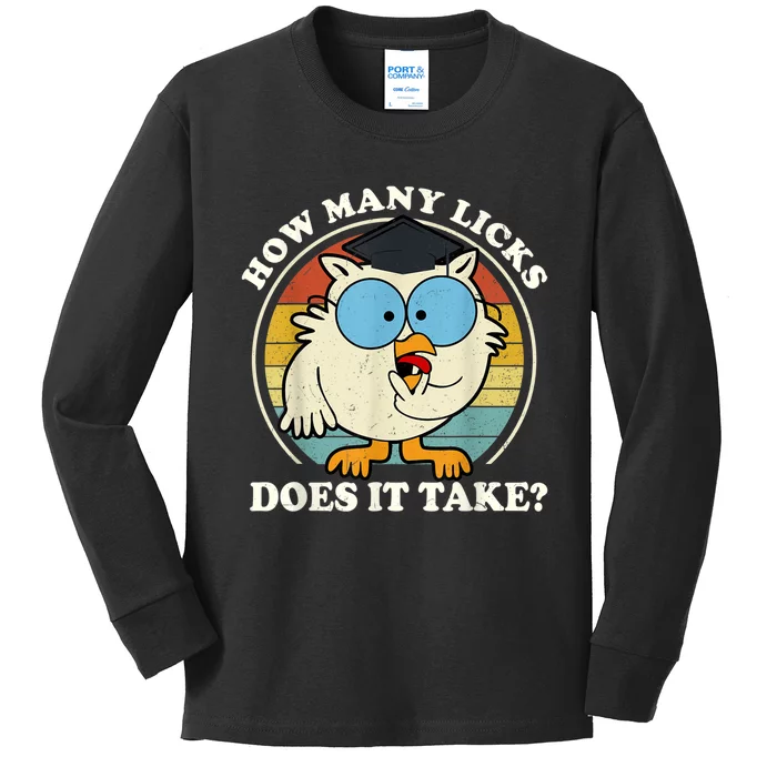 Funny Owl How Many Licks Does It Take Retro Vintage Kids Long Sleeve Shirt