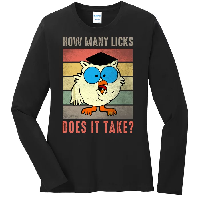 Funny Owl How Many Licks Does It Take Retro Vintage Ladies Long Sleeve Shirt