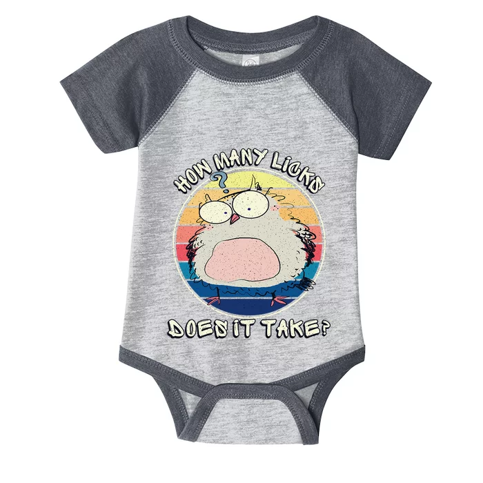 Funny Owl How Many Licks Does It Take Retro Vintage Infant Baby Jersey Bodysuit