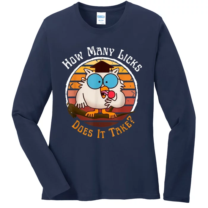 Funny Owl How Many Licks Does It Take Retro Vintage Ladies Long Sleeve Shirt