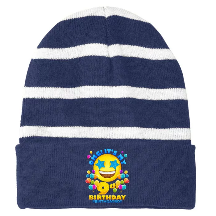 Funny OMG It's My 9th Birthday #BirthdayBoy Emoji Striped Beanie with Solid Band