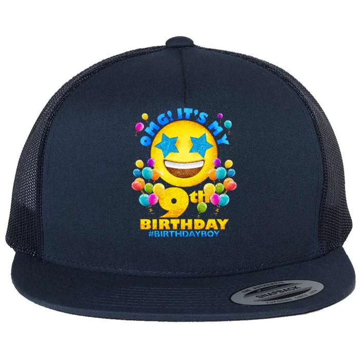 Funny OMG It's My 9th Birthday #BirthdayBoy Emoji Flat Bill Trucker Hat