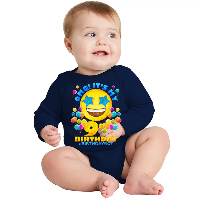 Funny OMG It's My 9th Birthday #BirthdayBoy Emoji Baby Long Sleeve Bodysuit