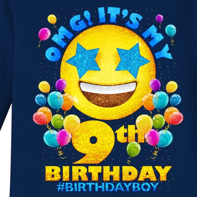 Funny OMG It's My 9th Birthday #BirthdayBoy Emoji Baby Long Sleeve Bodysuit