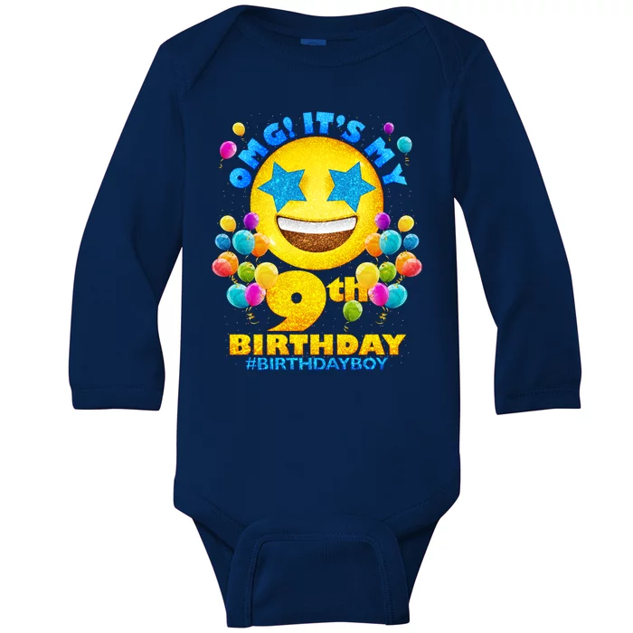 Funny OMG It's My 9th Birthday #BirthdayBoy Emoji Baby Long Sleeve Bodysuit