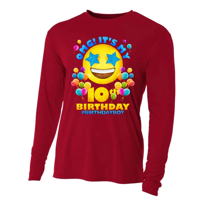 Funny OMG It's My 10th Birthday #BirthdayBoy Emoji Cooling Performance Long Sleeve Crew