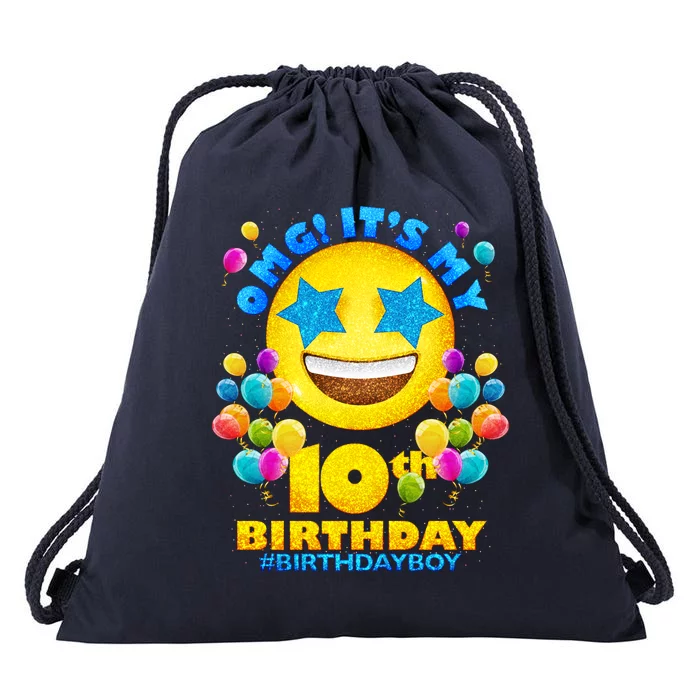 Funny OMG It's My 10th Birthday #BirthdayBoy Emoji Drawstring Bag