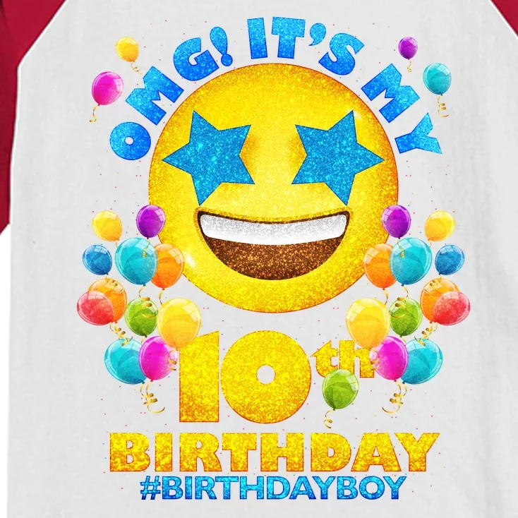 Funny OMG It's My 10th Birthday #BirthdayBoy Emoji Kids Colorblock Raglan Jersey