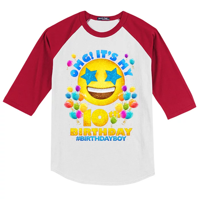 Funny OMG It's My 10th Birthday #BirthdayBoy Emoji Kids Colorblock Raglan Jersey