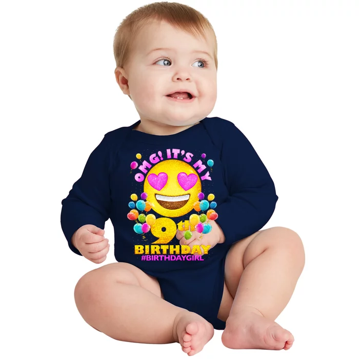 Funny OMG It's My 9th Birthday #BirthdayGirl Emoji Baby Long Sleeve Bodysuit