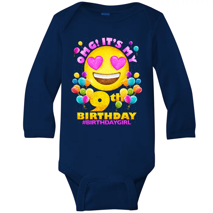 Funny OMG It's My 9th Birthday #BirthdayGirl Emoji Baby Long Sleeve Bodysuit