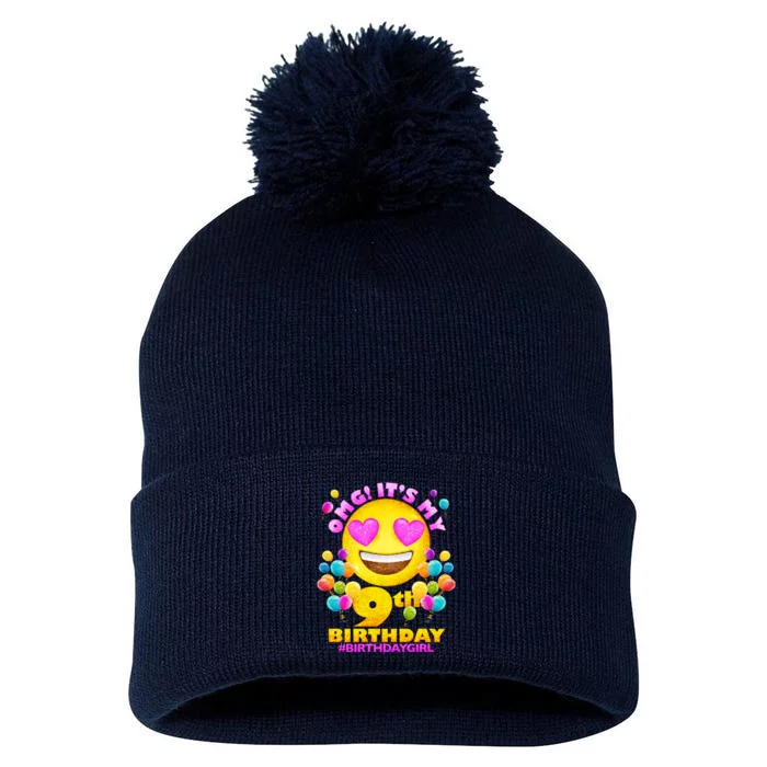 Funny OMG It's My 9th Birthday #BirthdayGirl Emoji Pom Pom 12in Knit Beanie