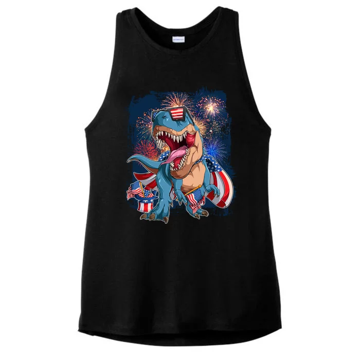 Fourth Of July USA American Flag Trex Ladies Tri-Blend Wicking Tank