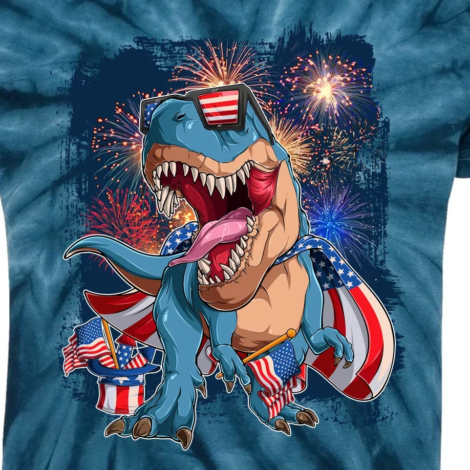 Fourth Of July USA American Flag Trex Kids Tie-Dye T-Shirt