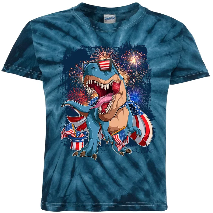 Fourth Of July USA American Flag Trex Kids Tie-Dye T-Shirt