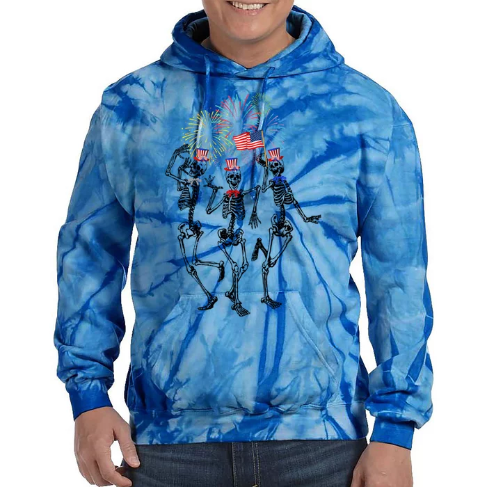 Fourth Of July Skellies Skeletons Dancing With American Flag Gift Tie Dye Hoodie