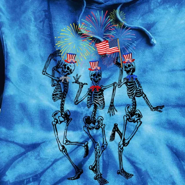 Fourth Of July Skellies Skeletons Dancing With American Flag Gift Tie Dye Hoodie