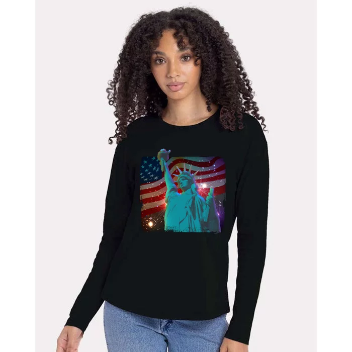 Fourth Of July Fireworks Statue Of Liberty Womens Cotton Relaxed Long Sleeve T-Shirt