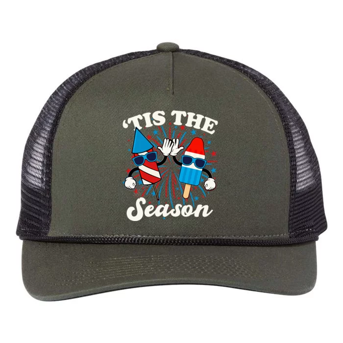 Fourth Of July Red White And Blue Tis The Season Fireworks And Popsicles Retro Rope Trucker Hat Cap