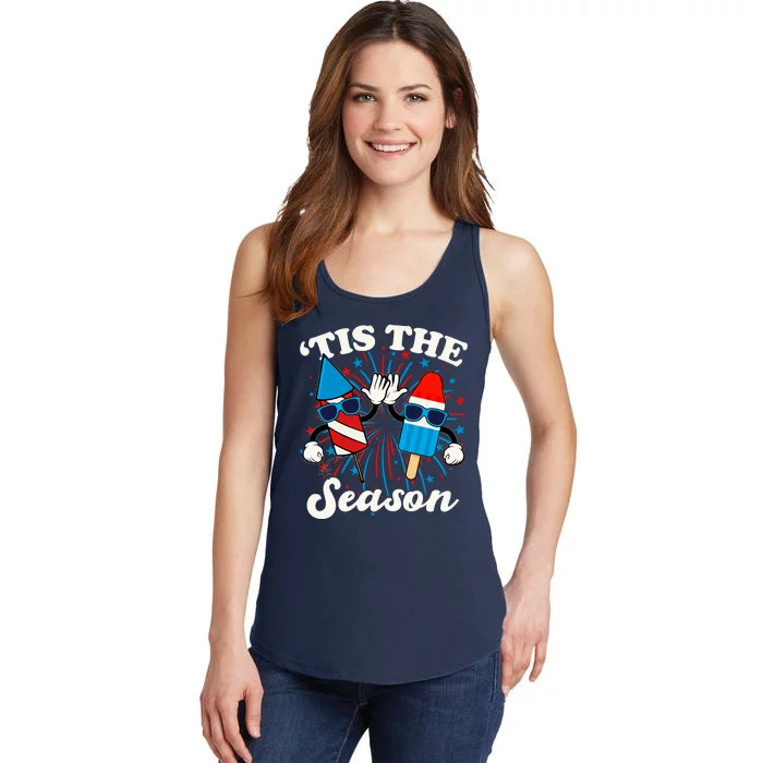 Fourth Of July Red White And Blue Tis The Season Fireworks And Popsicles Ladies Essential Tank