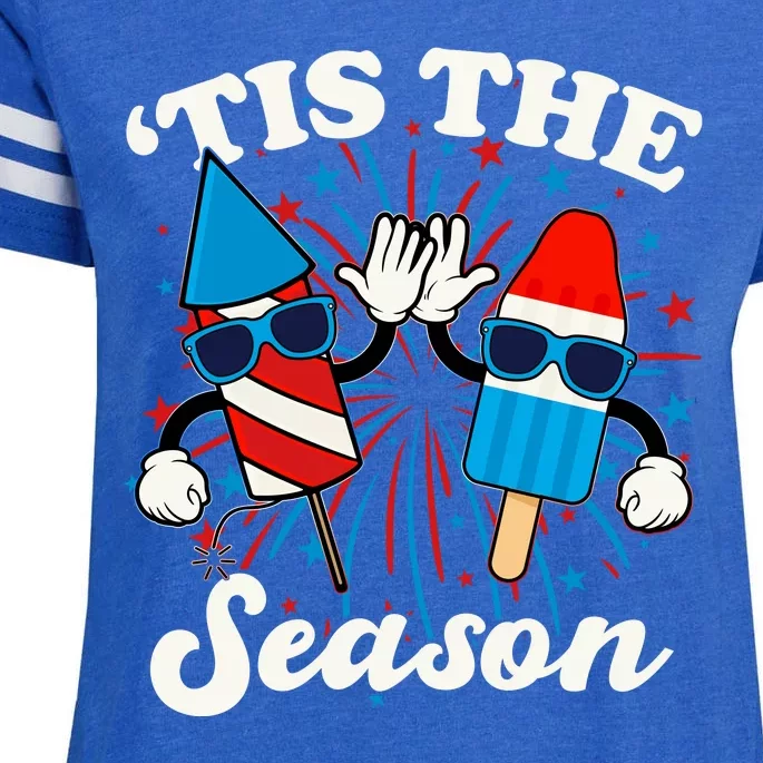 Fourth Of July Red White And Blue Tis The Season Fireworks And Popsicles Enza Ladies Jersey Football T-Shirt