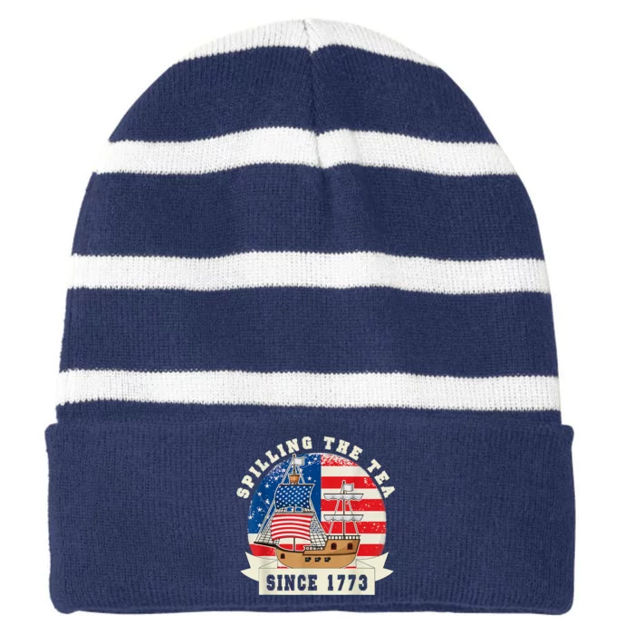 Fourth Of July Spilling The Tea 1773 Funny American History Striped Beanie with Solid Band