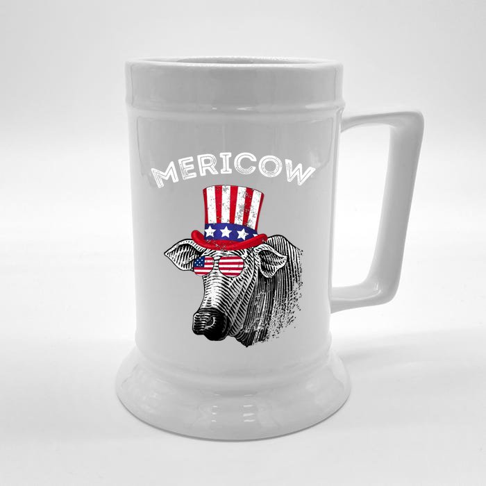 Fourth Of July 4th Farmer Merica Cow American Flag Mericow Gift Front & Back Beer Stein