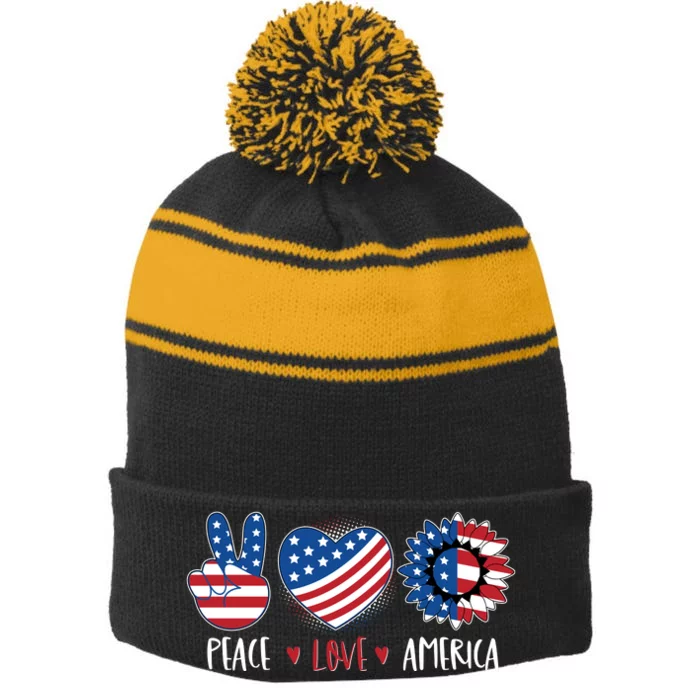 Fourth Of July Peace Love America Stripe Pom Pom Beanie