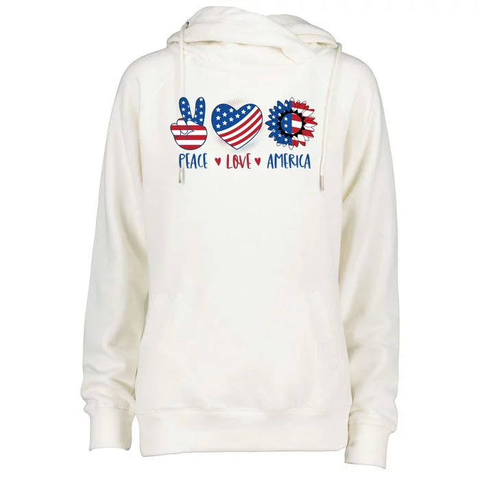 Fourth Of July Peace Love America Womens Funnel Neck Pullover Hood