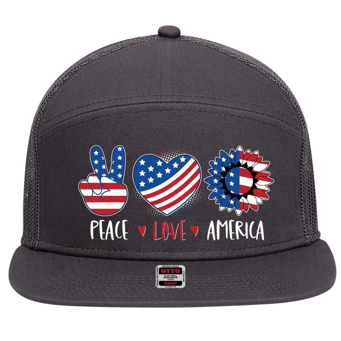 Fourth Of July Peace Love America 7 Panel Mesh Trucker Snapback Hat