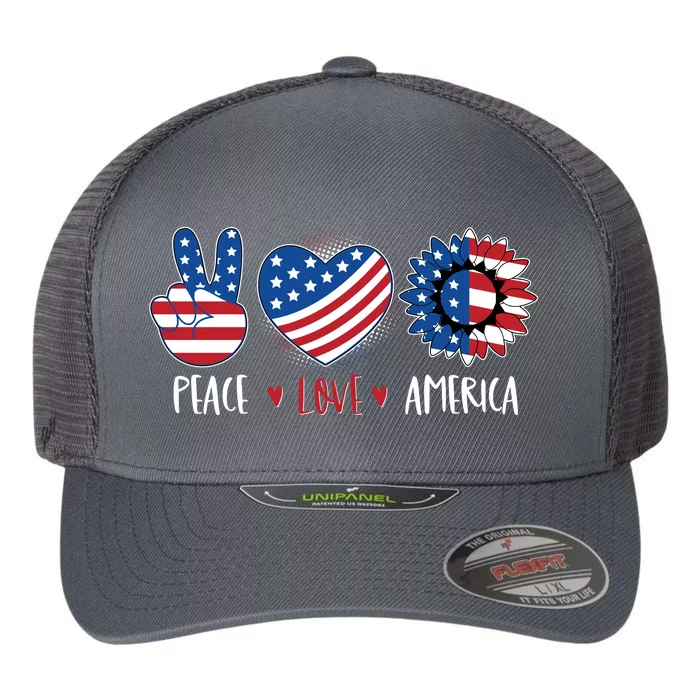 Fourth Of July Peace Love America Flexfit Unipanel Trucker Cap