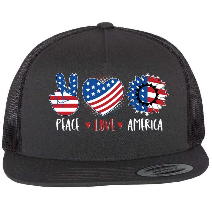 Fourth Of July Peace Love America Flat Bill Trucker Hat