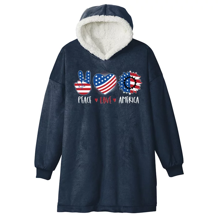 Fourth Of July Peace Love America Hooded Wearable Blanket