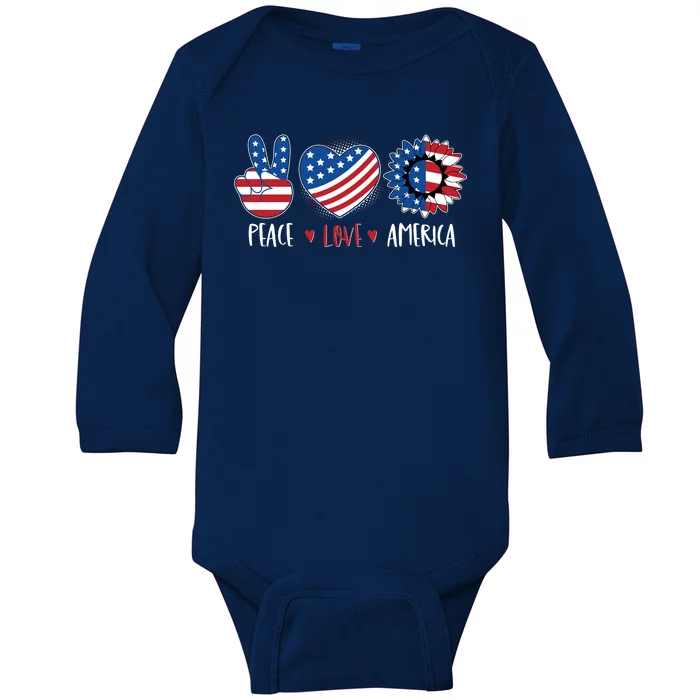 Fourth Of July Peace Love America Baby Long Sleeve Bodysuit