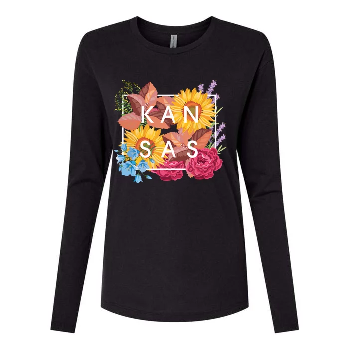 Flowers Of Kansas Word Art Kansan State Pride Womens Cotton Relaxed Long Sleeve T-Shirt