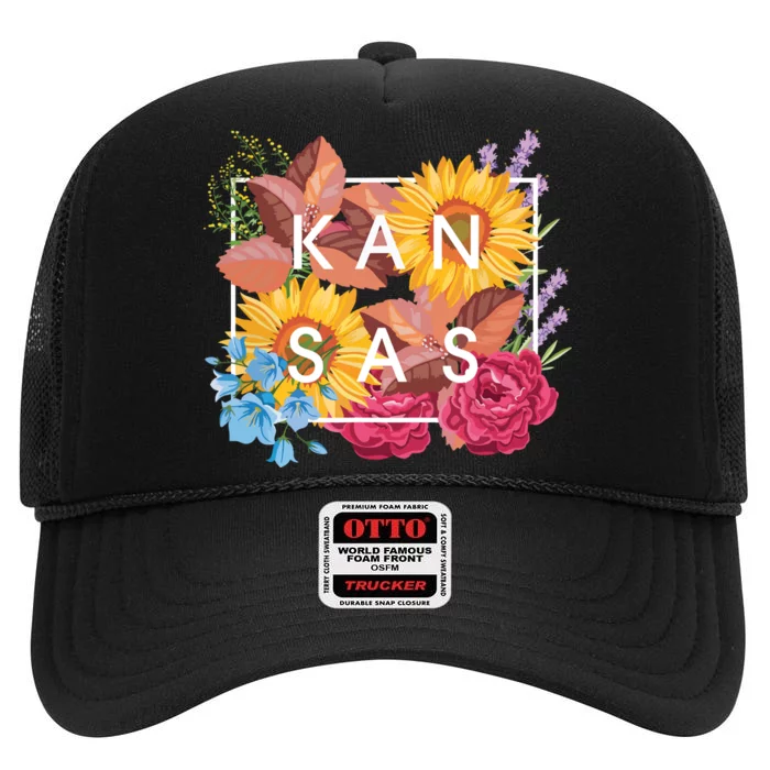 Flowers Of Kansas Word Art Kansan State Pride High Crown Mesh Trucker Hat