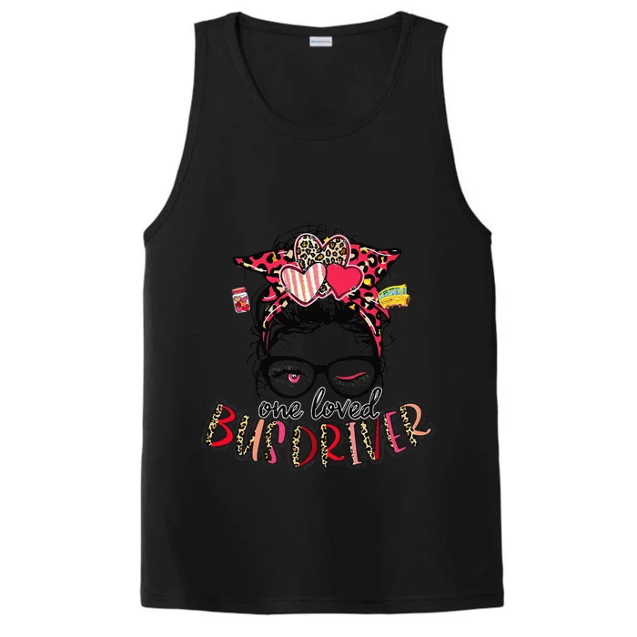 Funny One Loved Bus Driver Messy Bun Valentine's Day Leopard Performance Tank