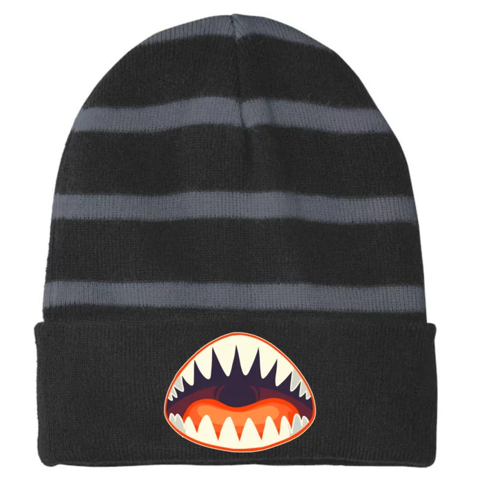 Funny Open Mouth Shark Attack Striped Beanie with Solid Band