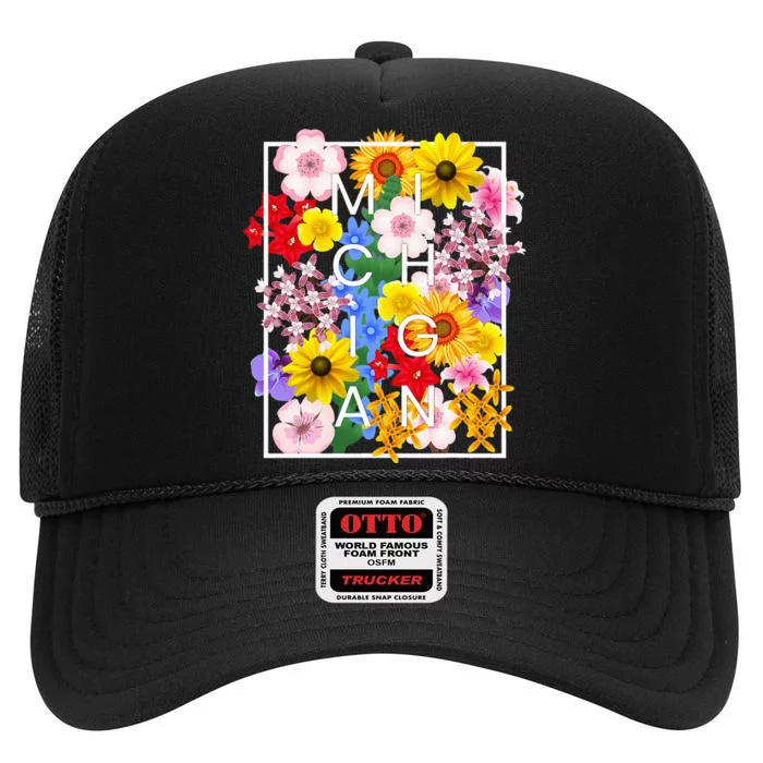 Flowers Of Michigan Word Art Michigander Pride High Crown Mesh Trucker Hat