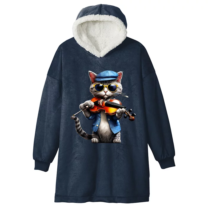 Funny Orchestra Musician Violinist Cat Playing Violin Gift Hooded Wearable Blanket